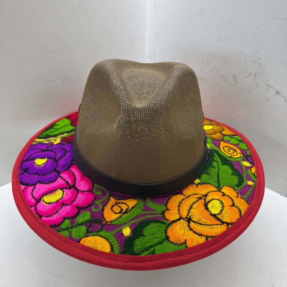 Boho Embroidered Straw Hat Festival Floral Tan Black Summer Beach Pool size med